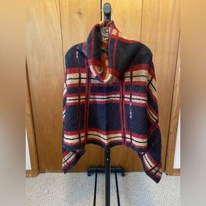 Chico’s Sequined Plaid Cowlneck Poncho Red, Black & Tan Size S/M